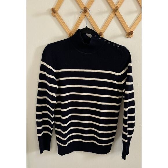 Banana Republic Sweater Women's Small Navy Striped Merino Wool Blend Mock Neck - Picture 2 of 8